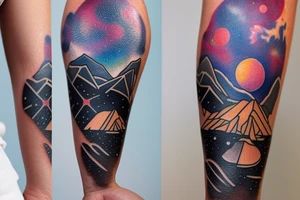 A mix of several things. I want these things included: the time 11:11, space elements such as constellations, a capybara, the phrase “40 years together”, and mountains. tattoo idea
