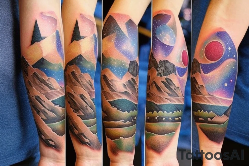 A mix of several things. I want these things included: the time 11:11, space elements such as constellations, a capybara, the phrase “40 years together”, and mountains. tattoo idea