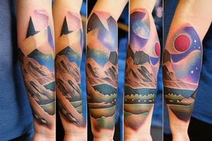A mix of several things. I want these things included: the time 11:11, space elements such as constellations, a capybara, the phrase “40 years together”, and mountains. tattoo idea