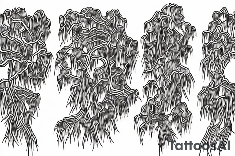 weeping willow tree intertwined with a rowan tree, symmetric, tattoo award-winning tattoo idea