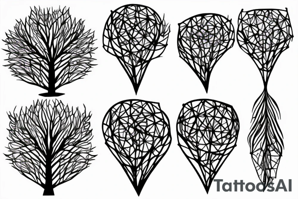 geometric tattoo of a weeping willow tree intertwined with a rowan tree, symmetric, tattoo awards tattoo idea
