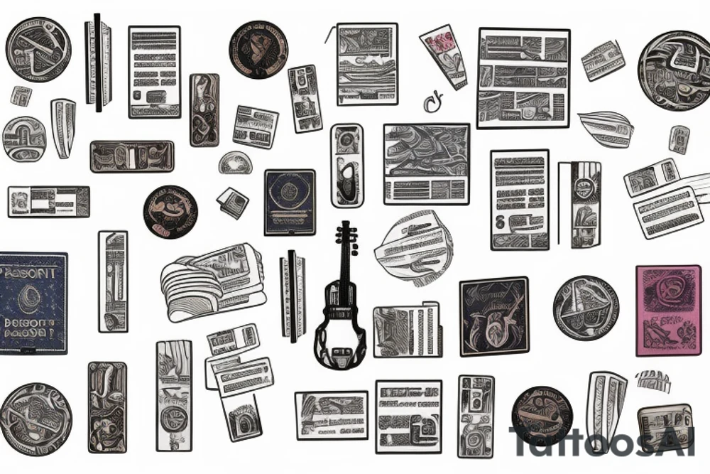 Passport in drum, surrounded by music notes tattoo idea