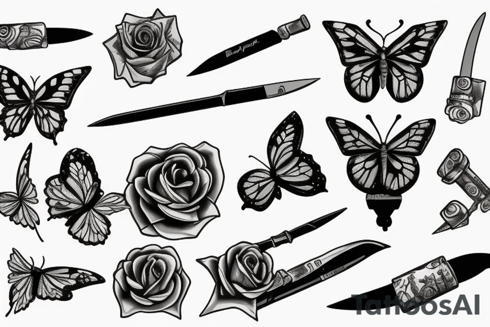 butterfly knife and fire wit rose tattoo idea