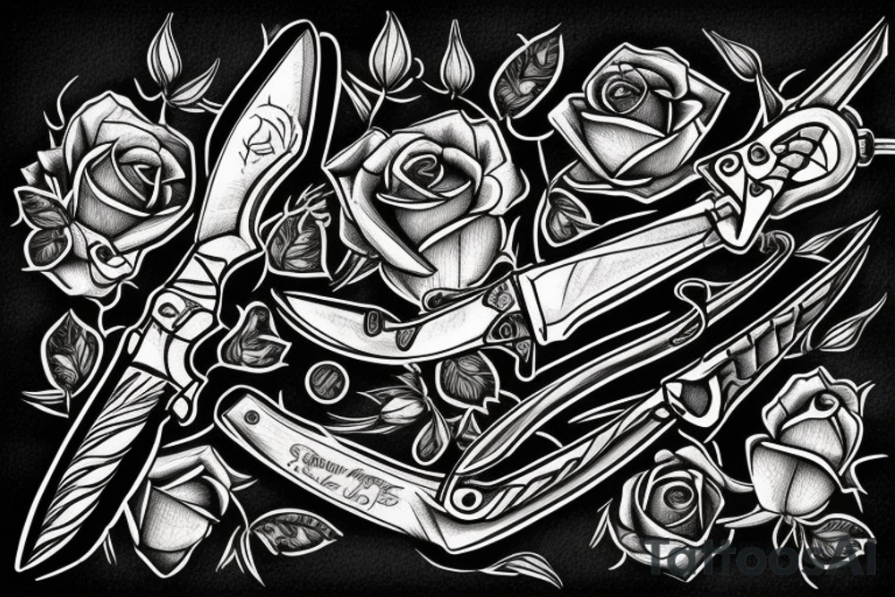 butterfly knife and fire wit rose tattoo idea