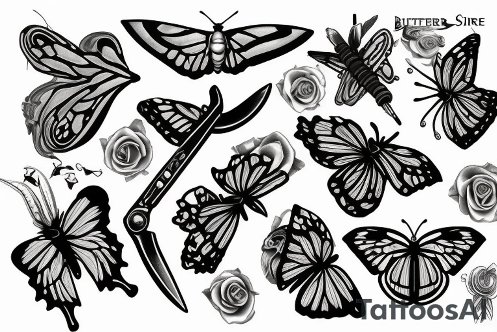 butterfly knife and fire wit rose tattoo idea