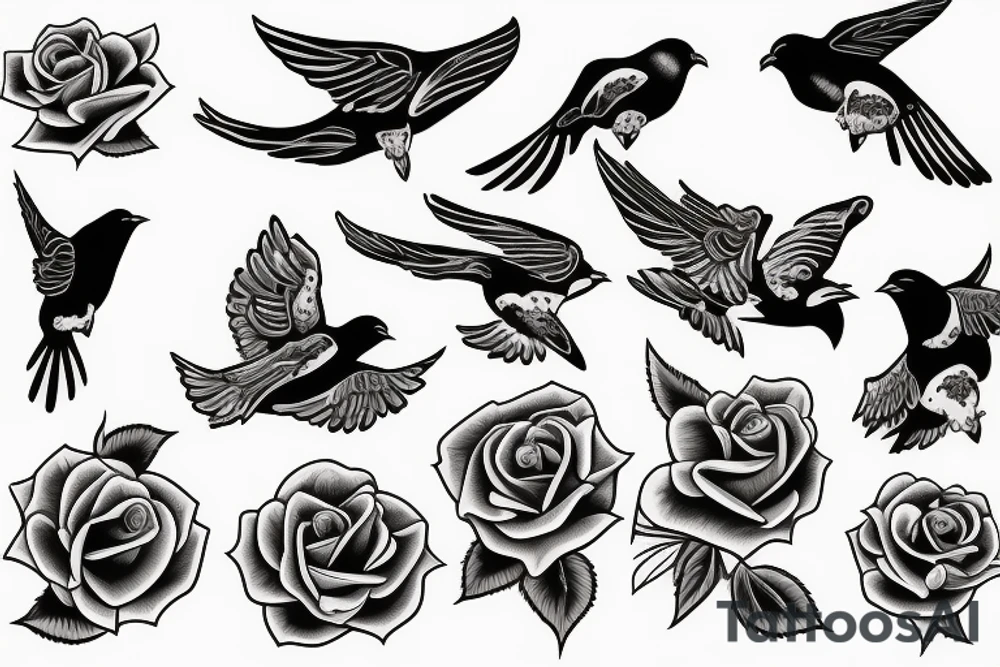 Flying Birds with roses tattoo idea