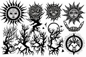 Mystical and esoteric. with sun moon and a tree. tattoo idea