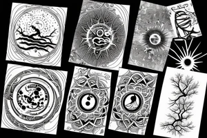 Mystical and esoteric. with sun moon and a tree. tattoo idea