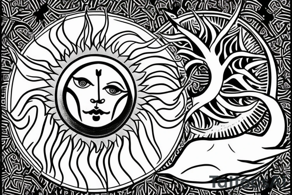 Mystical and esoteric. with sun moon and a tree. tattoo idea