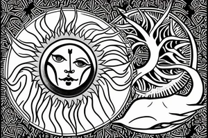 Mystical and esoteric. with sun moon and a tree. tattoo idea