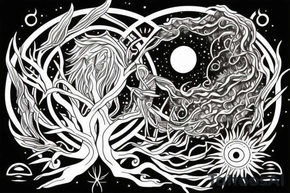 Mystical and esoteric. with sun moon and a tree. tattoo idea Mystical and esoteric. with sun moon and a tree. tattoo idea