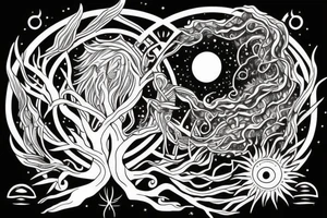 Mystical and esoteric. with sun moon and a tree. tattoo idea