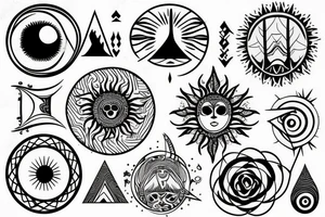 Mystical and esoteric. with sun moon and a tree. tattoo idea