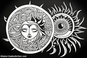Mystical and esoteric. with sun moon phase and a tree. tattoo idea