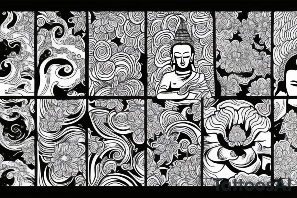 Buddha with waves and chrysanthemums tattoo idea