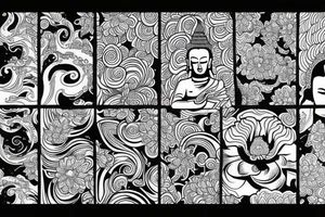 Buddha with waves and chrysanthemums tattoo idea