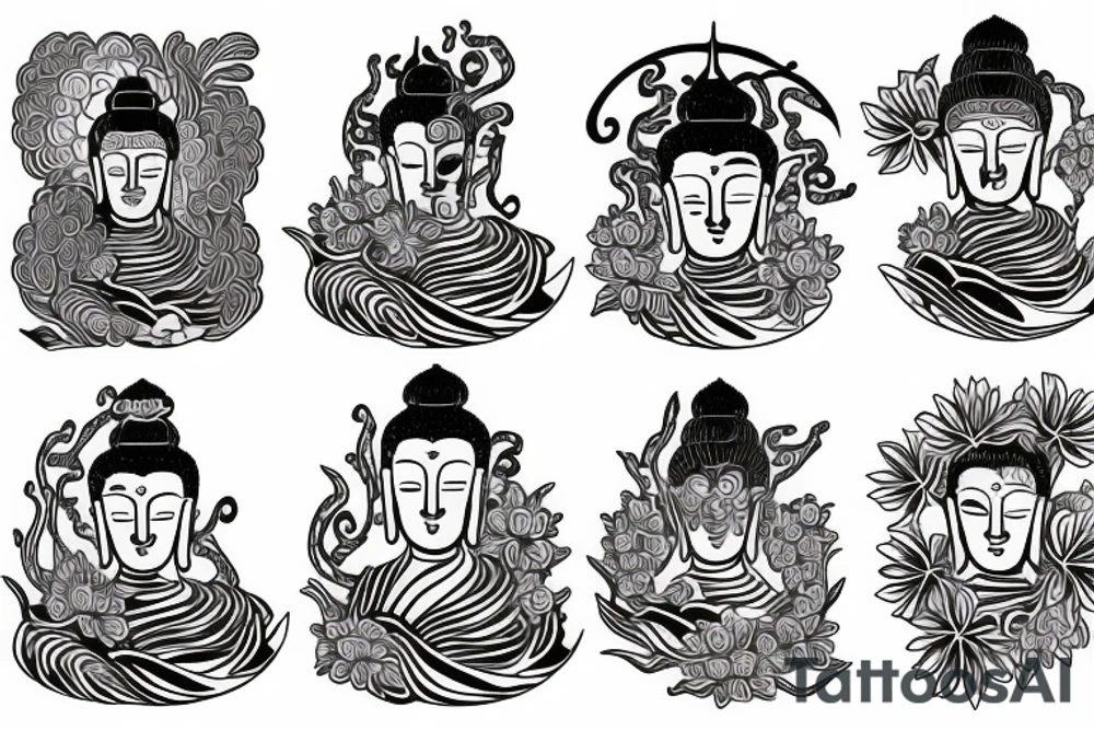 Buddha with waves and chrysanthemums tattoo idea