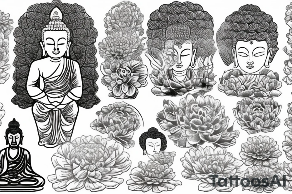Buddha with waves and chrysanthemums tattoo idea