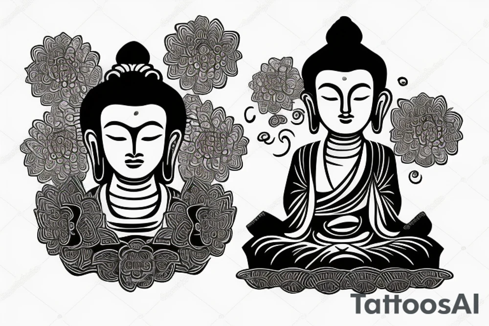 Buddha with chrysanthemums and flowing waves tattoo idea