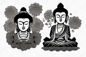 Buddha with chrysanthemums and flowing waves tattoo idea