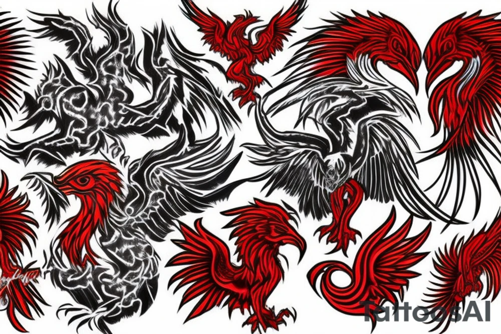 Red phoenix rising from dust tattoo idea