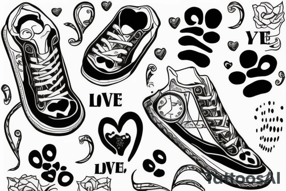 Script “if love could have saved you, you would have lived forever” with two pairs of trainers and footprints walking away tattoo idea