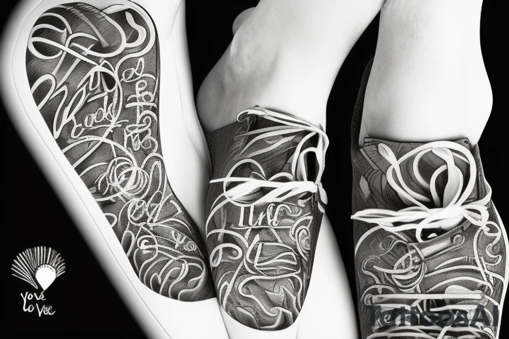 Script “if love could have saved you, you would have lived forever” with two pairs of trainers and footprints walking away tattoo idea