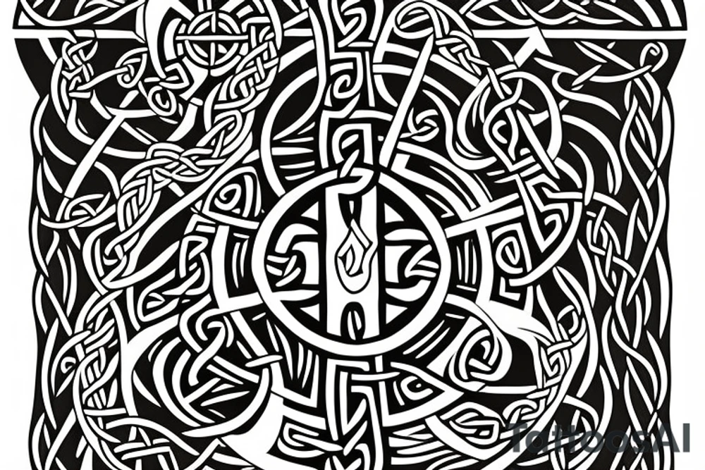 A Celtic cross surrounded by water and fire. tattoo idea