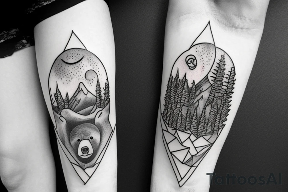 Bear in mountain with trees tattoo idea