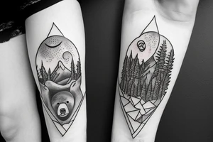 Bear in mountain with trees tattoo idea