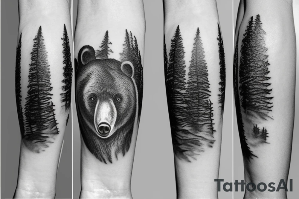 Bear in mountain with trees tattoo idea