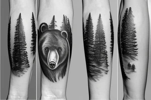 Bear in mountain with trees tattoo idea