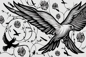 A dove and a crow flying around each other tattoo idea