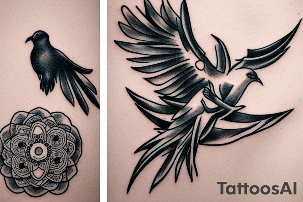 A dove and a crow flying around each other tattoo idea