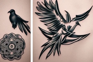 A dove and a crow flying around each other tattoo idea