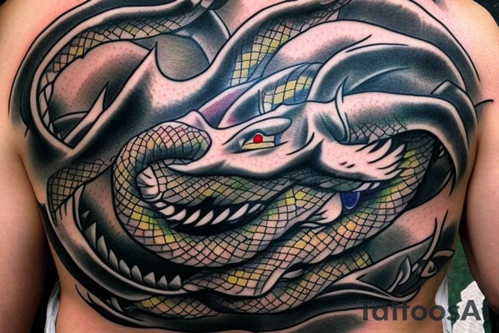 realistic shenron dragon with a 6th star dragon ball curled around it tattoo idea