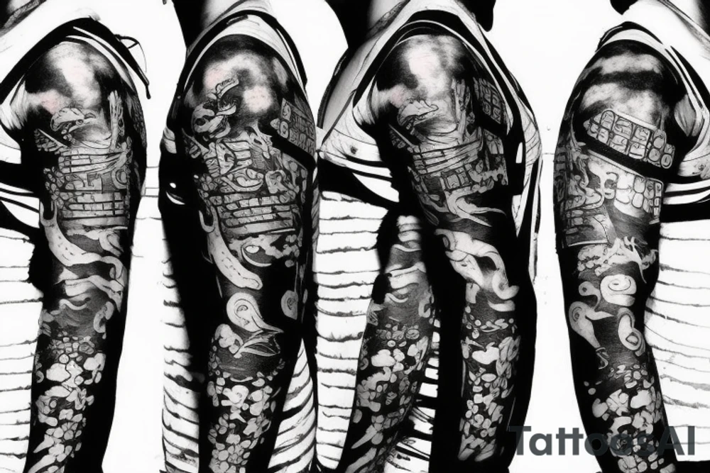 samurai in cyberpunk 2077 style, blackwork tattoo style, low detailed, sketch, sleeve tattoo, japanese, artstation, hand-drawn tattoo idea