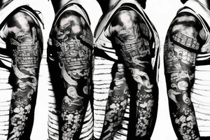 samurai in cyberpunk 2077 style, blackwork tattoo style, low detailed, sketch, sleeve tattoo, japanese, artstation, hand-drawn tattoo idea