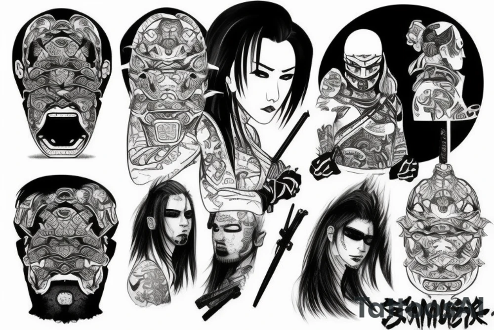 samurai in cyberpunk 2077 style, blackwork tattoo style, low detailed, sketch, sleeve tattoo, japanese, artstation, hand-drawn tattoo idea