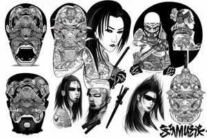 samurai in cyberpunk 2077 style, blackwork tattoo style, low detailed, sketch, sleeve tattoo, japanese, artstation, hand-drawn tattoo idea