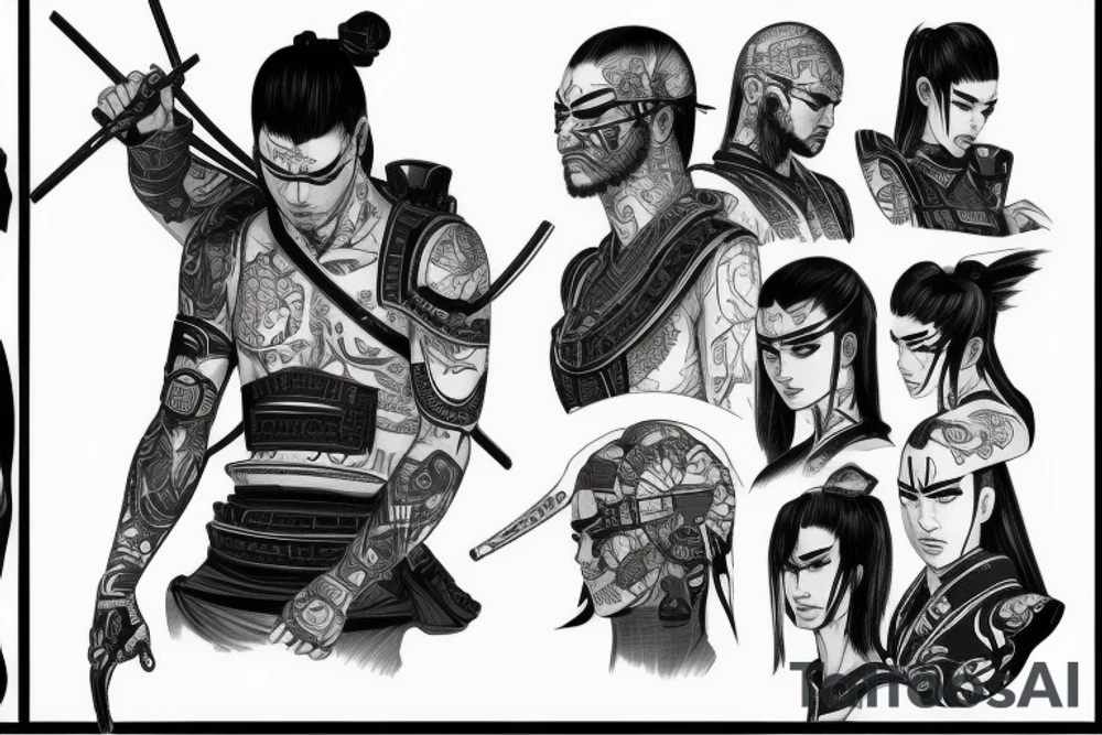 samurai in cyberpunk 2077 style, low detailed, japanese, artstation tattoo idea