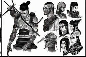 samurai in cyberpunk 2077 style, low detailed, japanese, artstation tattoo idea