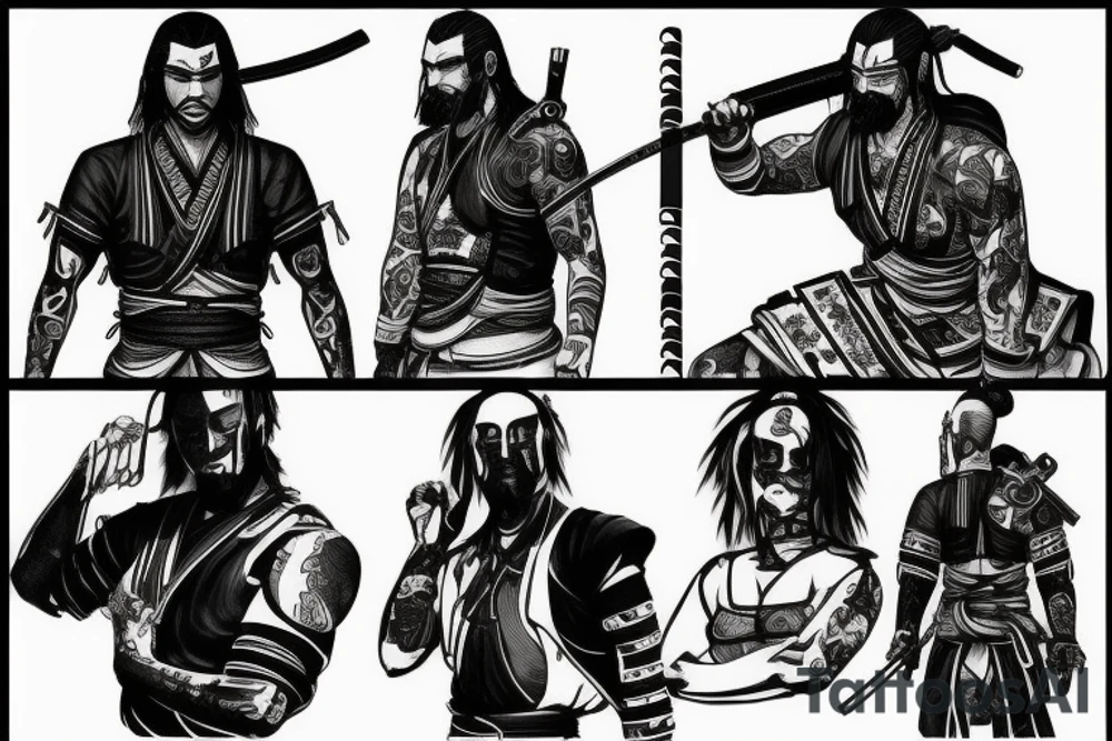 samurai in cyberpunk 2077 style, low detailed, japanese, artstation tattoo idea