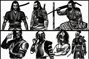 samurai in cyberpunk 2077 style, low detailed, japanese, artstation tattoo idea