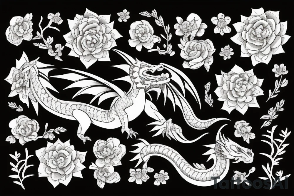 Dragon surrounded in flowers tattoo idea