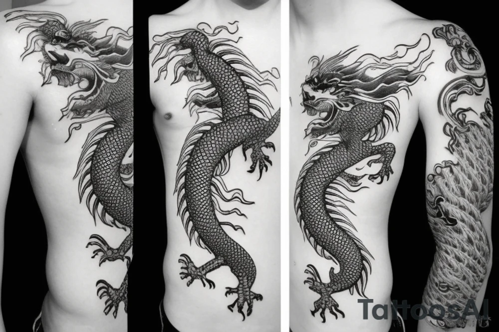 long chinese dragon with abstract figures tattoo idea