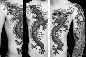 long chinese dragon with abstract figures tattoo idea