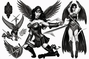 photorealism wonderwoman with archangel wings with sword and with 2 pieces of clothing, fighting with evil tattoo idea