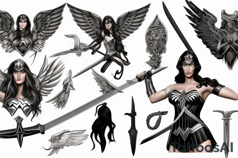 photorealism wonderwoman with archangel wings with sword and with 2 pieces of clothing, fighting with evil tattoo idea