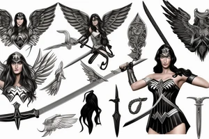 photorealism wonderwoman with archangel wings with sword and with 2 pieces of clothing, fighting with evil tattoo idea